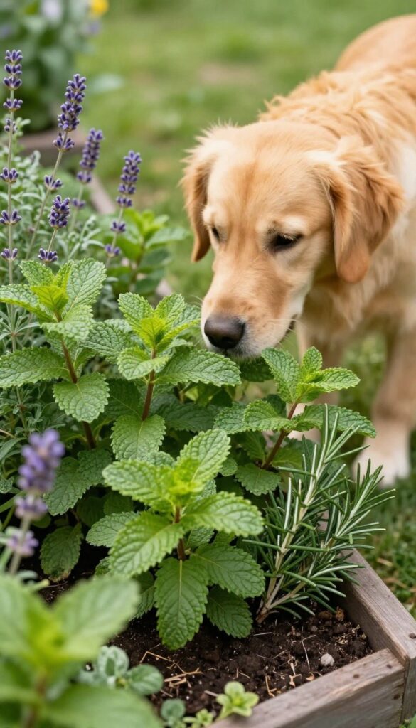 A dog sniffing herbs in a raised garden bed for mental stimulation