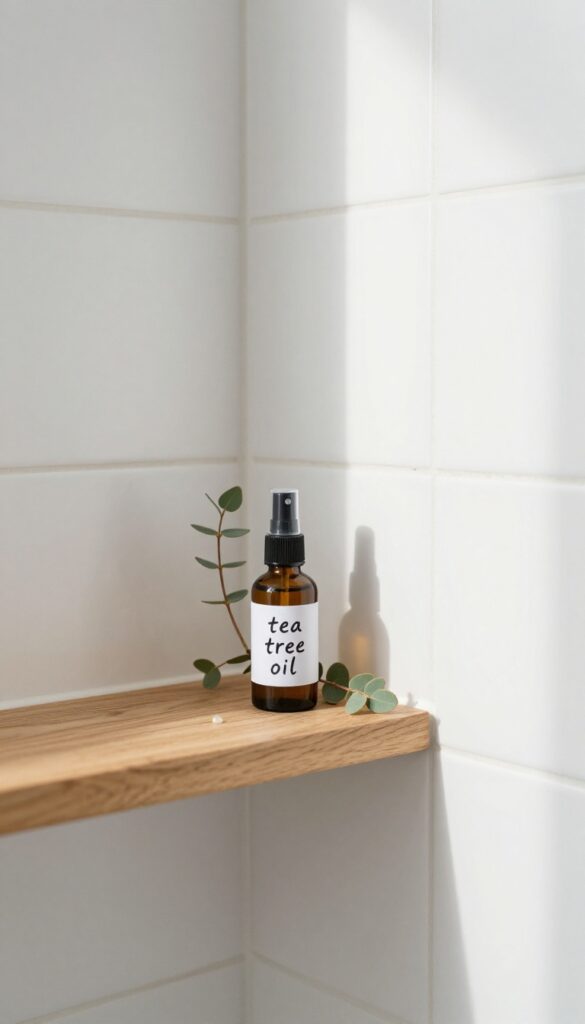 Tea tree oil solution applied to clean shower grout for natural mold prevention