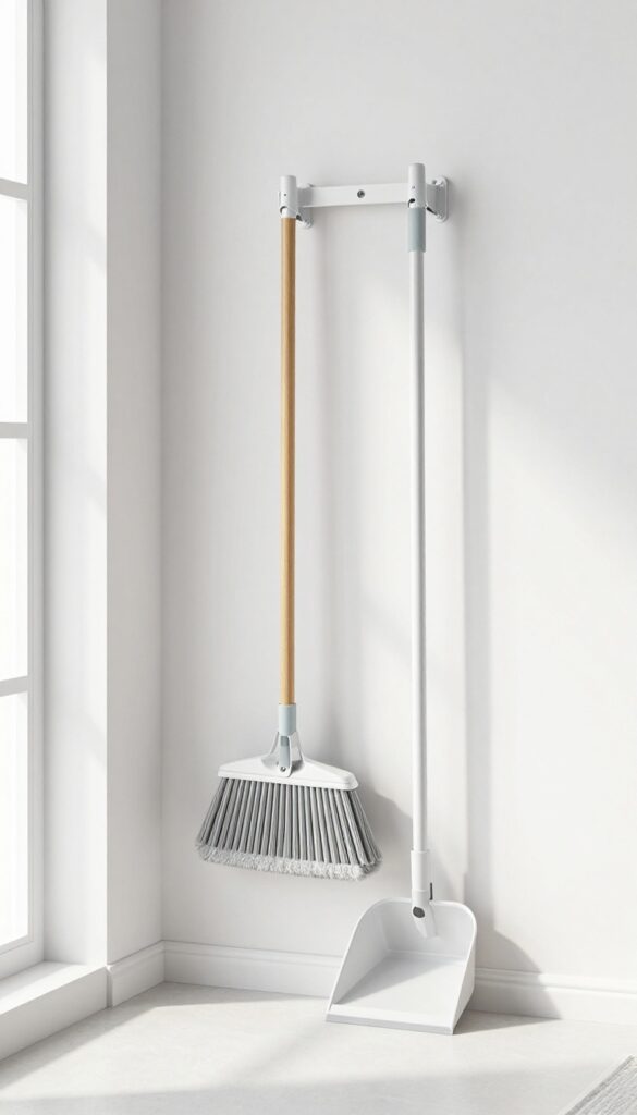 Wall-mounted broom holder with broom, mop, and duster in a clean laundry room