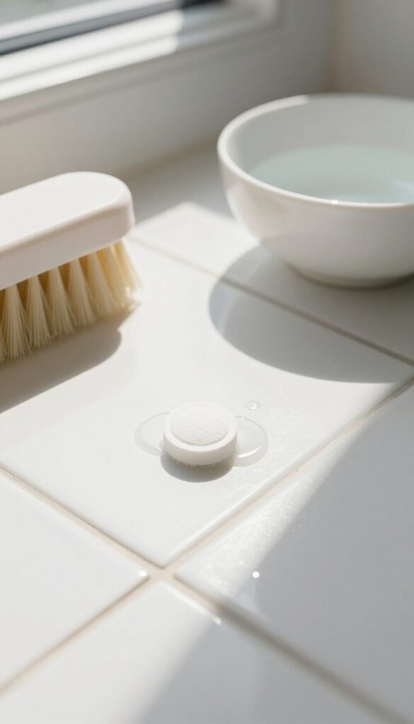 Dishwasher tablet and brush on bathroom tile floor, natural light, clean grout lines