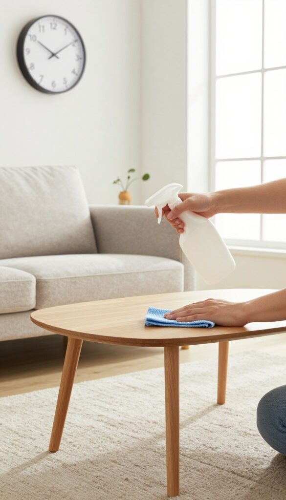 A person cleaning a coffee table with a spray bottle and cloth in a bright living room, with a clock on the wall indicating a timed cleaning session.