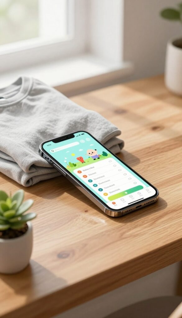 Smartphone on desk showing gamified cleaning app with character and quests, next to folded laundry and plant