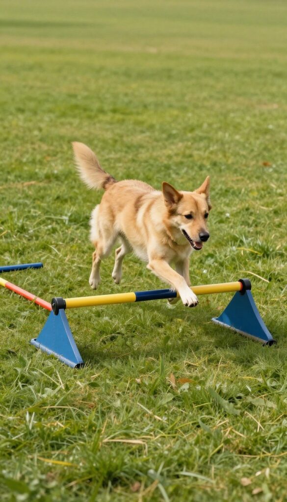 Dog run with agility equipment including jump, weave poles, and tunnel in sunny backyard
