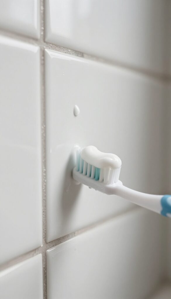Close-up of a toothbrush with toothpaste on grout lines in a bright bathroom