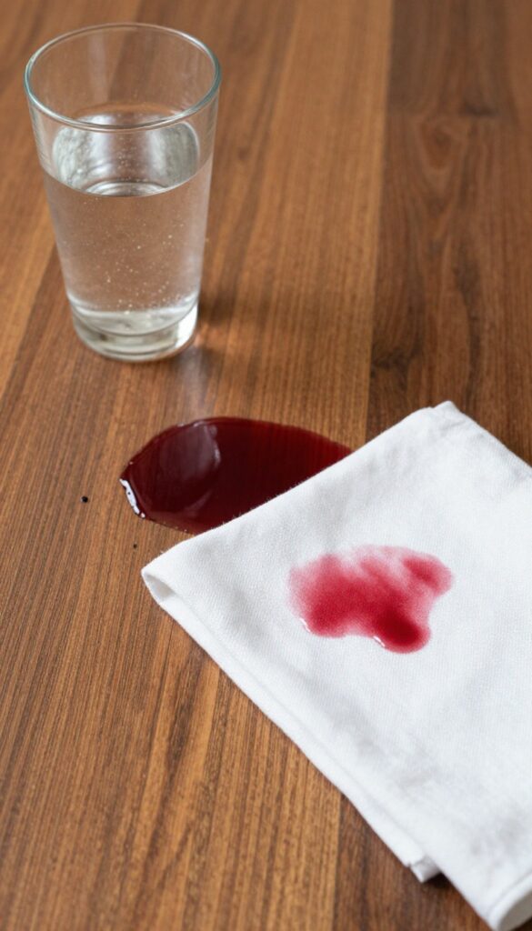 Club soda being used to lift a red wine stain from a sealed hardwood floor