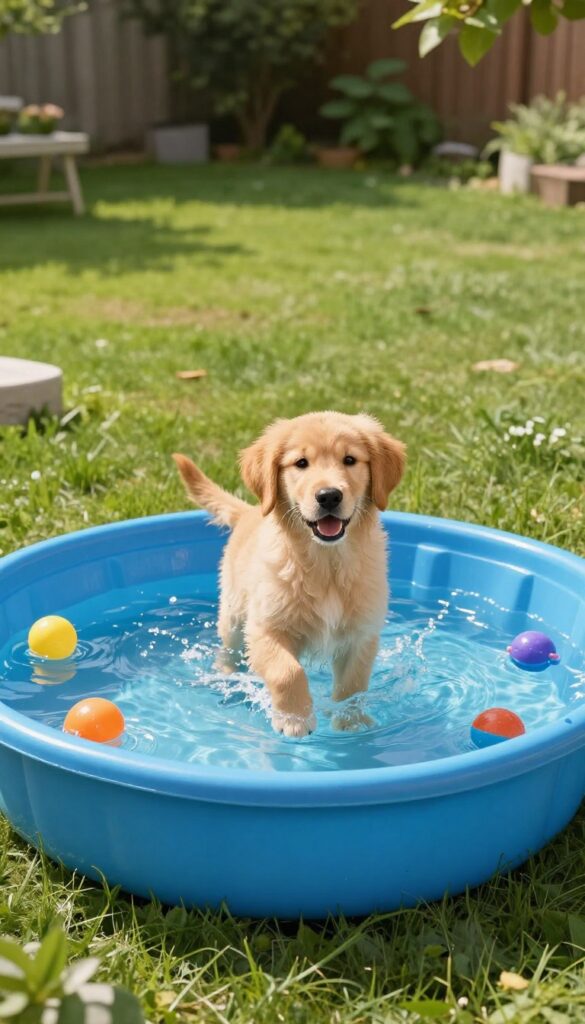Dog splashing in a kiddie pool in a sunny backyard