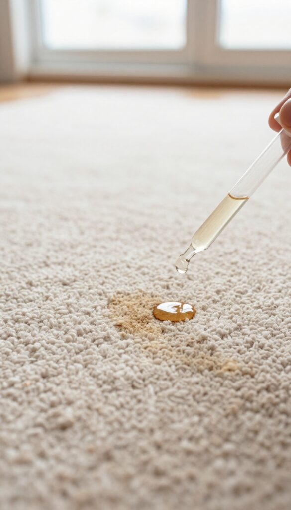 Applying glycerin to a set-in coffee stain on a beige carpet