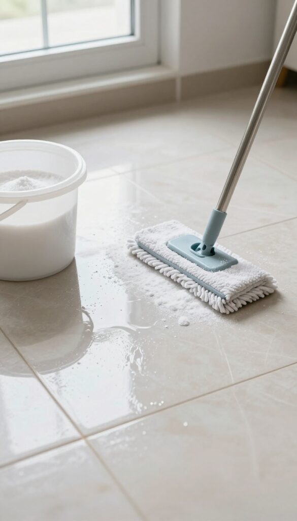 Borax deep cleaning solution for ceramic tile floors, showing a mop and bucket in natural light.