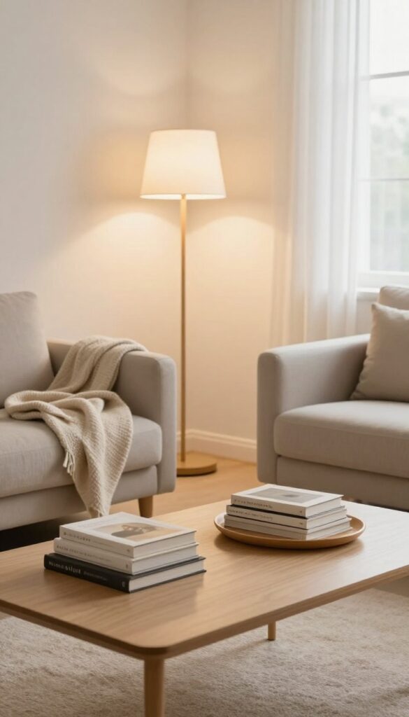 A cozy living room after a daily reset routine, clean surfaces and tidy spaces in warm evening light.