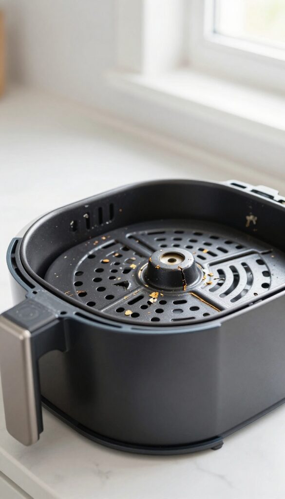 Close-up of an air fryer basket with peeling non-stick coating on a kitchen countertop, natural light, photorealistic.