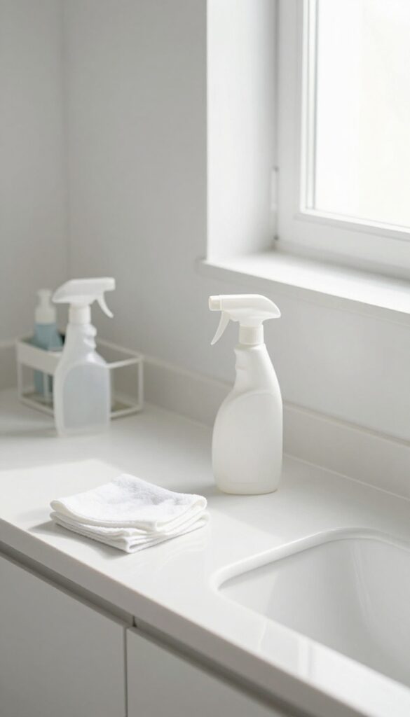 A bright, clean bathroom with cleaning supplies ready for a monthly deep scrub, focusing on the toilet base and a caddy with microfiber cloth and spray bottle.