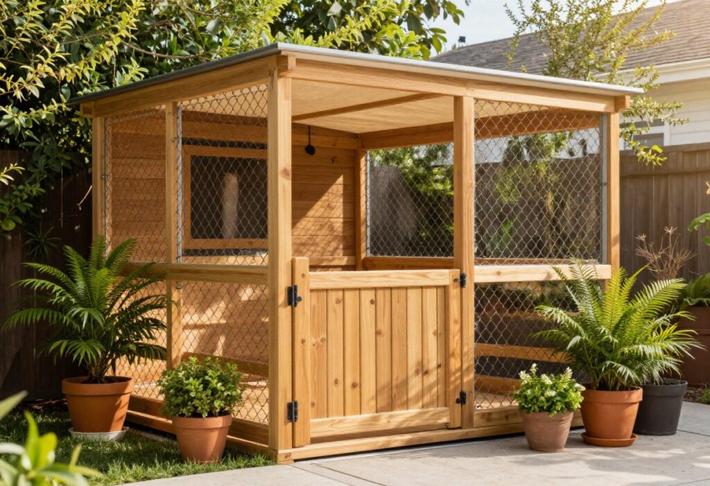 Upgraded chain link dog kennel with wood slats, shade sail, plants, and wooden gate in a sunny backyard.