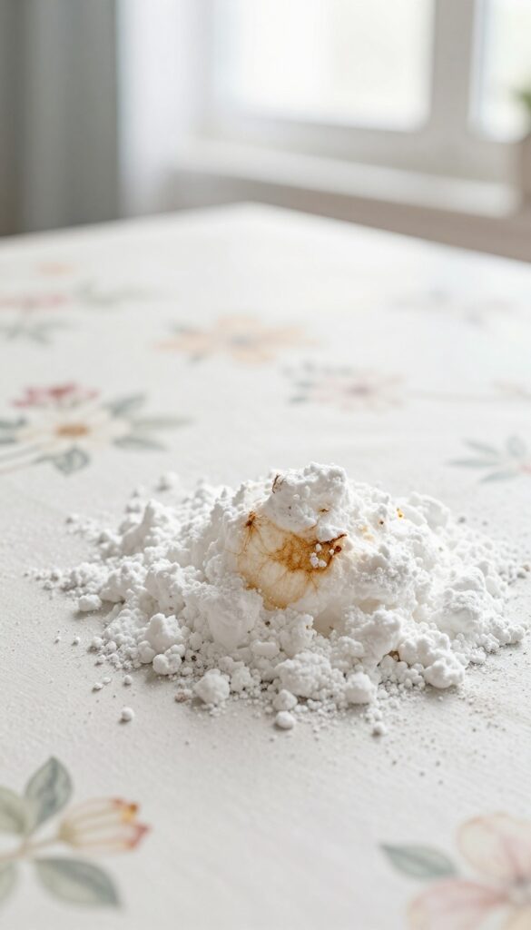 Cornstarch applied to a grease stain on floral wallpaper