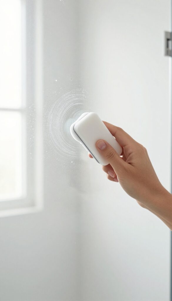 Hand using a magic eraser on a glass shower door to remove stubborn water spots and soap scum