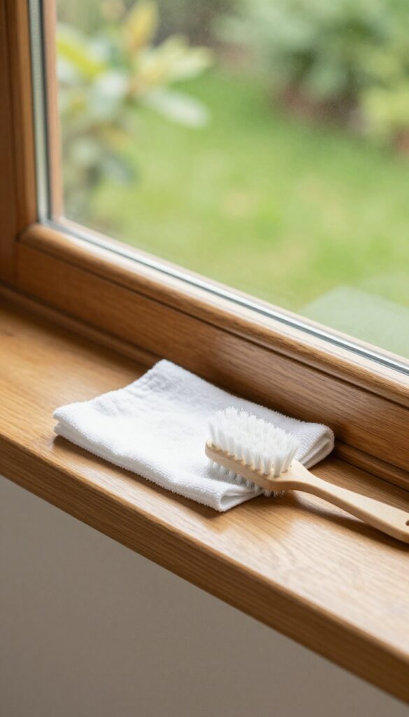 Clean window sill and frame with brush and cloth in bright sunlight