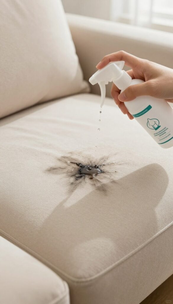 Treating a pet stain on a fabric couch with enzyme cleaner, bright natural lighting.