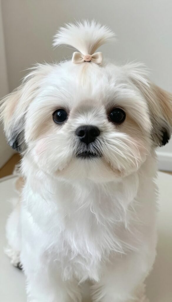 Small dog with teddy bear face and top-knot grooming style