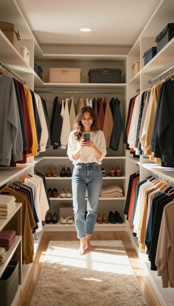 Woman smiling in a bright, organized closet with clothes and shoes neatly arranged, sunlight streaming in, holding a phone.