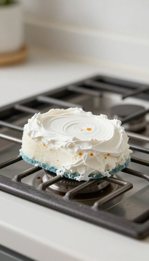 Stove grate with cream of tartar paste applied to baked-on grease, sponge nearby, natural light, clean kitchen background