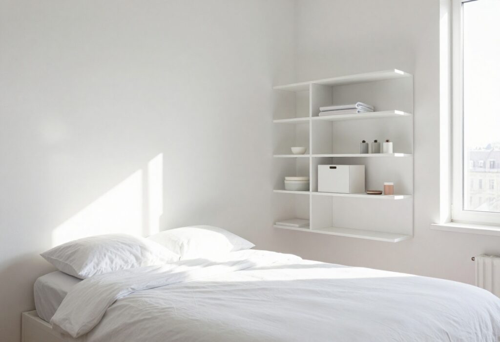 Clean and organized bedroom with a made bed and tidy shelves