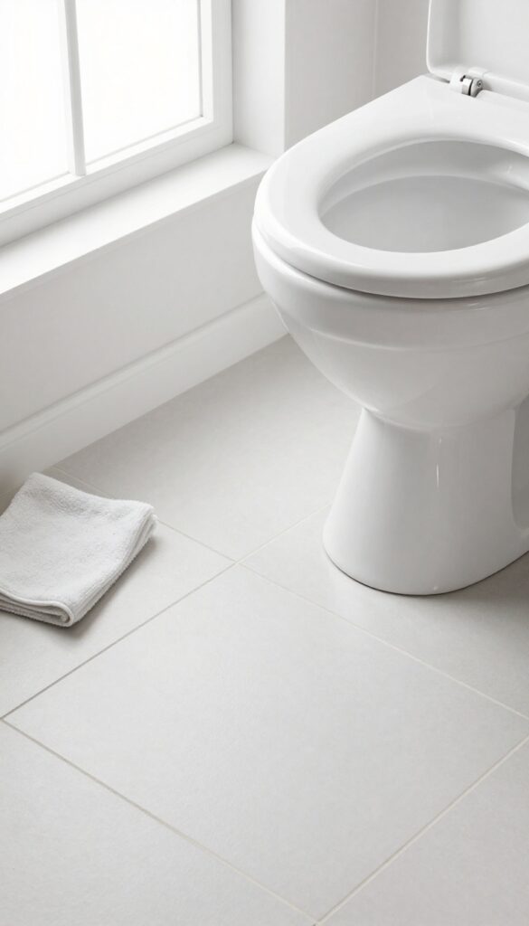 Close-up of a clean toilet base and bathroom floor with a microfiber cloth, emphasizing spotless corners and bright natural light.