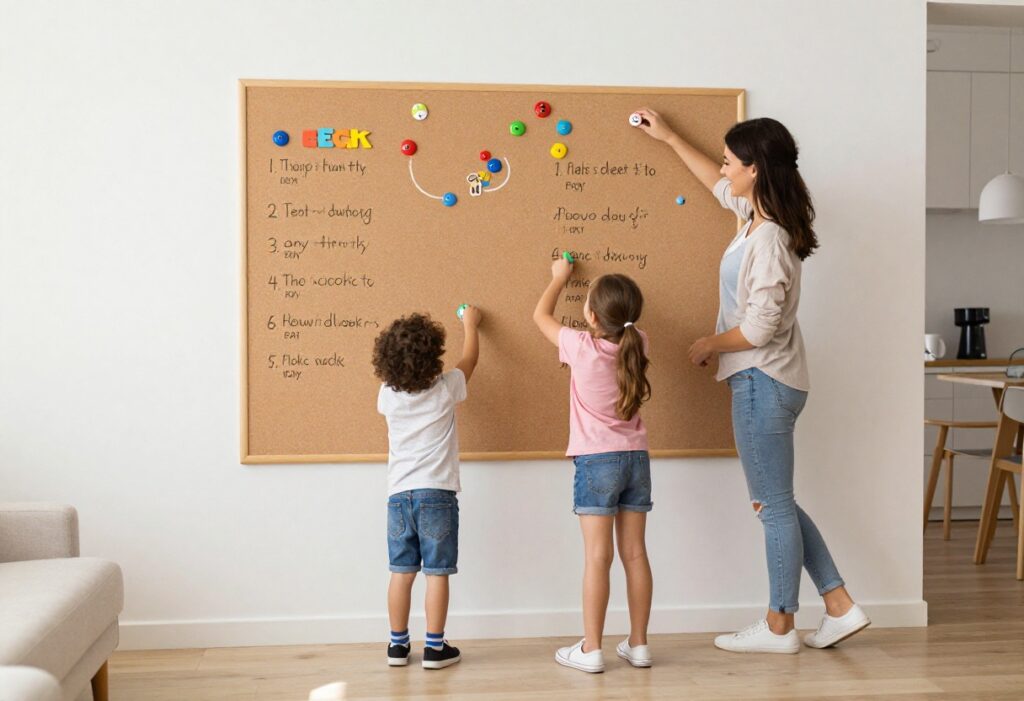 Family using a magnetic chore chart in a bright living room