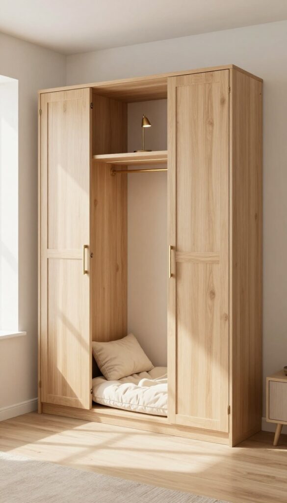 Custom cabinet dog crate disguised as furniture in a bright modern living room
