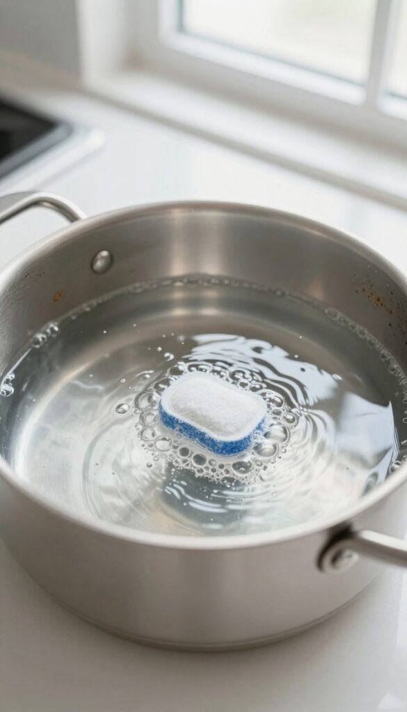 Stainless steel pan with hot water and dissolving dishwasher tablet, lifting scorch marks