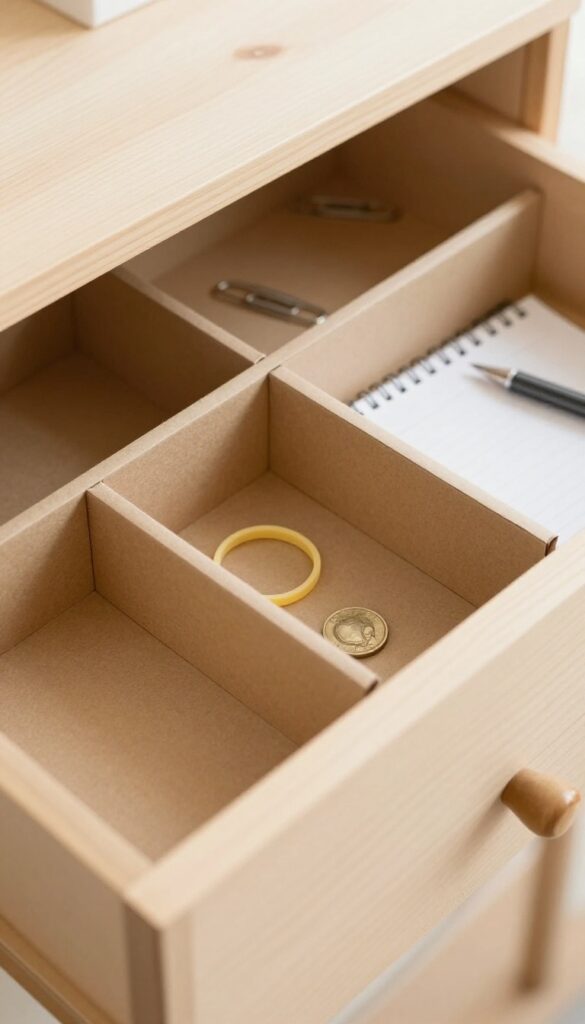 Cardboard drawer dividers organizing small items in a wooden drawer