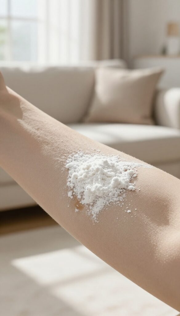 Close-up of cornstarch applied to a greasy spot on a fabric armrest in a bright living room