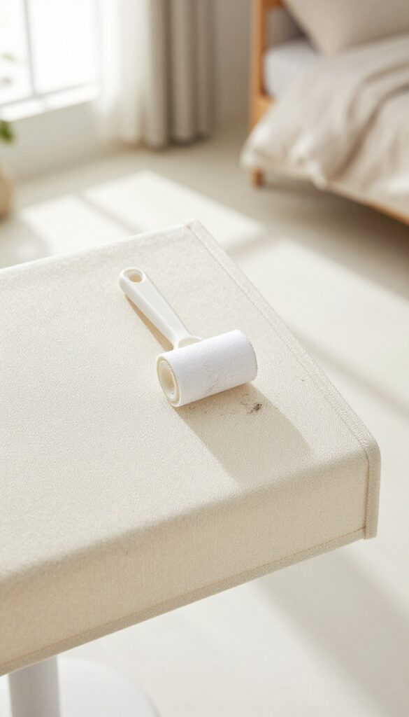 Using a lint roller to clean a fabric lampshade in a bright bedroom