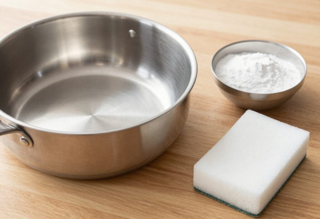 Clean stainless steel pan with baking soda and sponge on kitchen counter