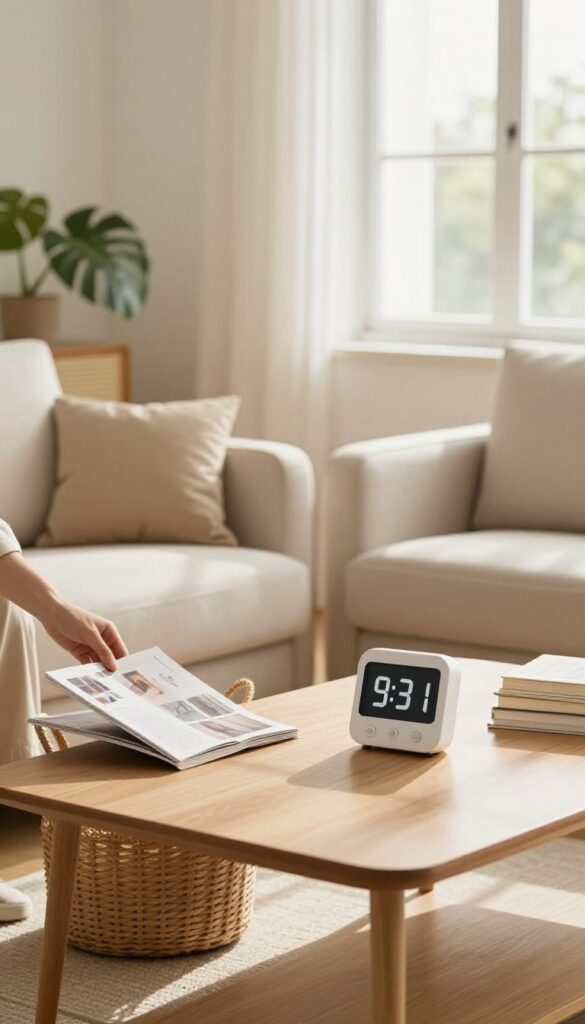 Person tidying a living room with a timer during a 10-minute tidy-up game