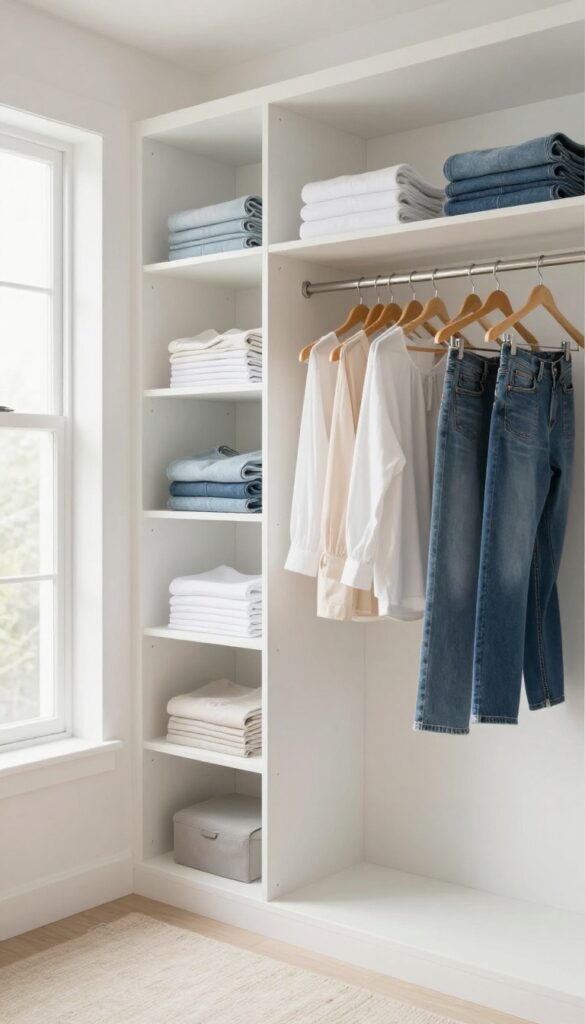 Organized closet with clothes categorized by type: jeans, t-shirts, and dresses neatly arranged.