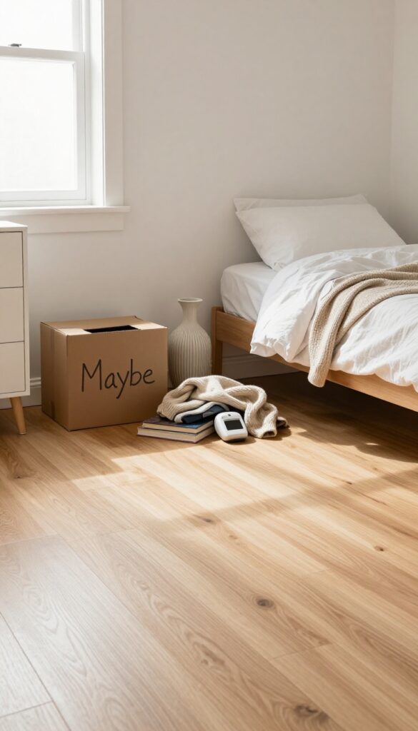 A cardboard box labeled 'Maybe' on a bedroom floor with a few uncertain items beside it, representing a decluttering strategy.