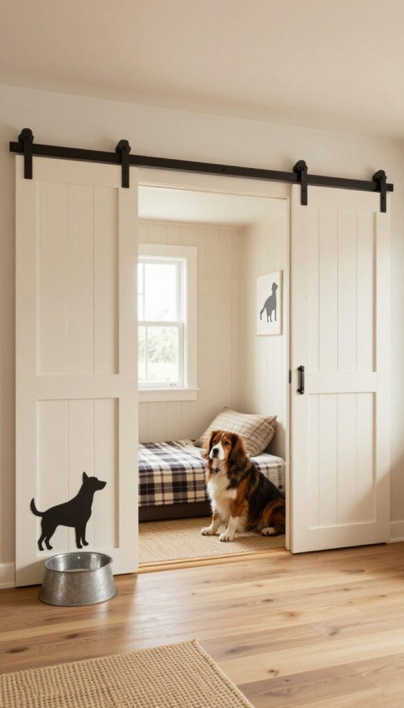 Modern farmhouse basement dog kennel with shiplap, barn door, plaid bed, and warm lighting