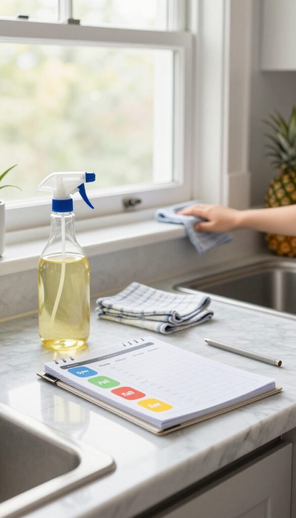 Seasonal deep clean chart on a kitchen counter with cleaning supplies and a child helping wipe baseboards