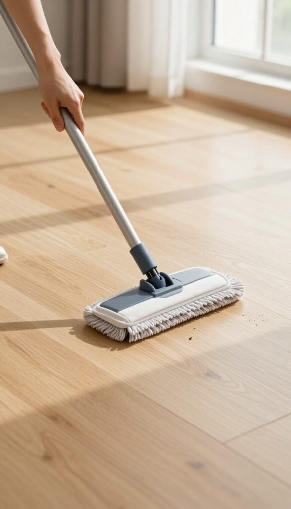 Person dry dusting a laminate floor with a microfiber mop in bright natural light