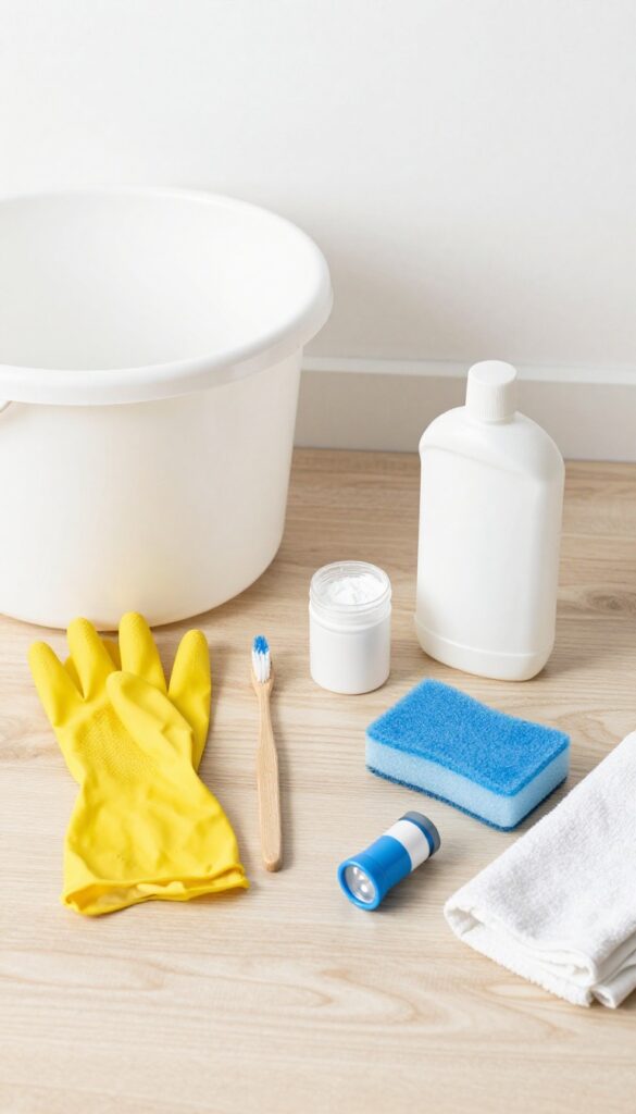 Cleaning supplies for toilet tank arranged on bathroom floor
