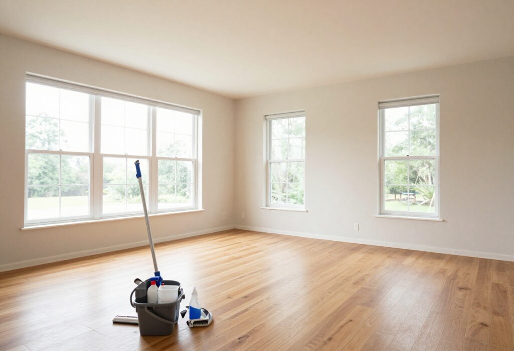 Clean living room with hardwood, tile, and carpet floors, mop bucket and cleaning supplies in foreground