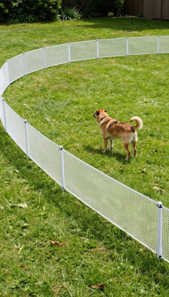 Dog standing near low visible mesh fence marking electric boundary in sunny backyard