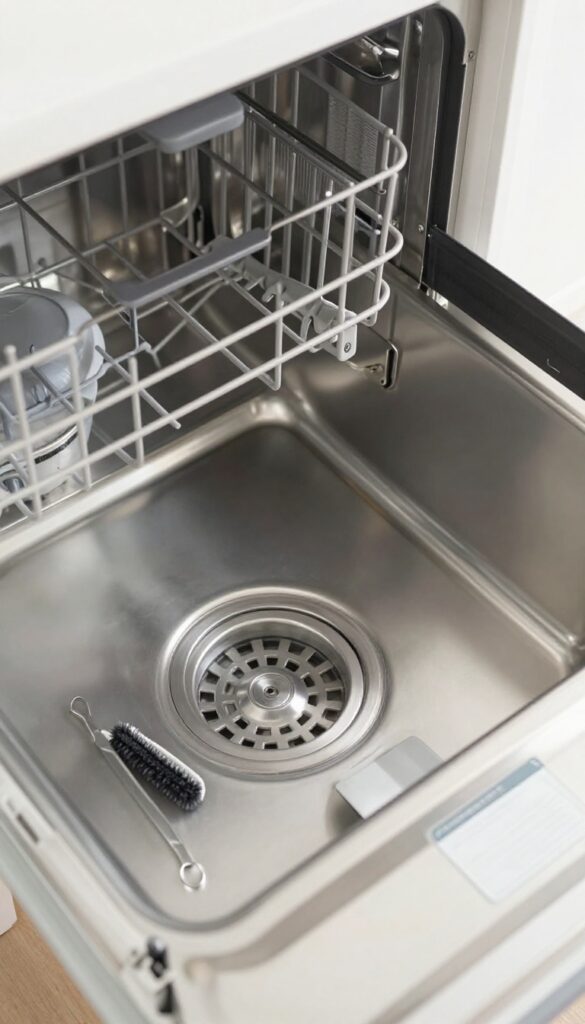 Close-up of a clean dishwasher drain area with a brush and tweezers, bottom rack removed.