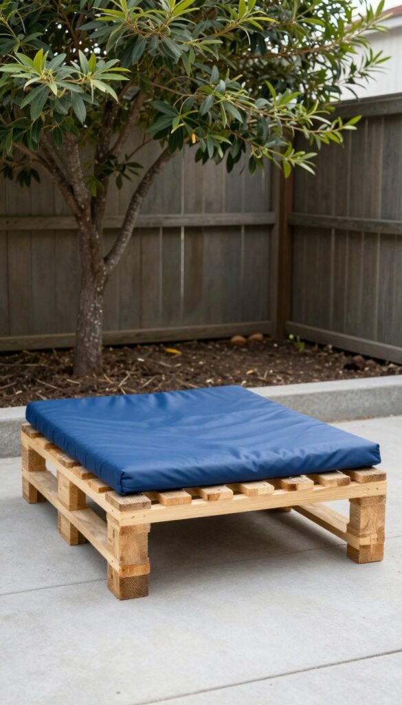 DIY pallet dog bed with cushion in shady backyard