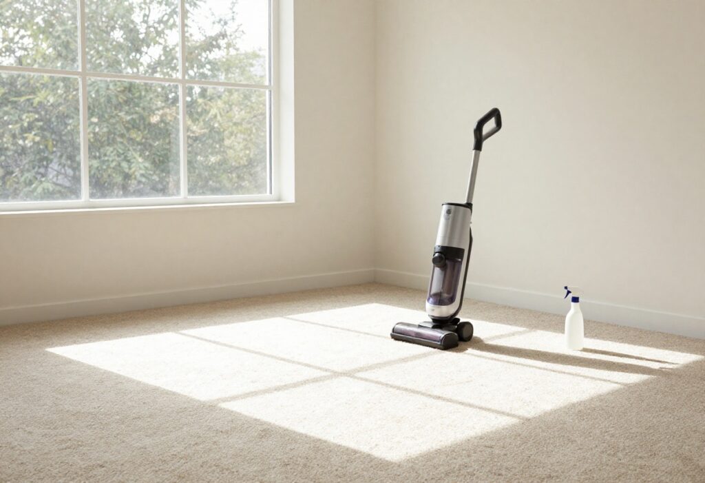 Clean, soft carpet in a sunlit living room with cleaning tools nearby