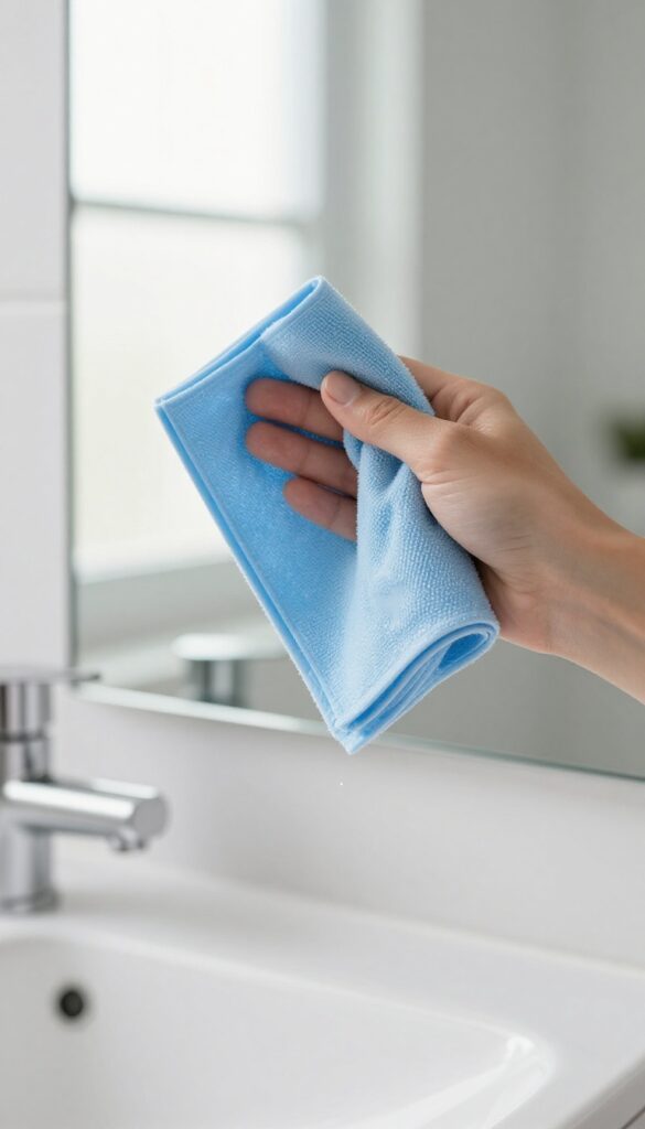 A person wiping a bathroom mirror with a disinfectant wipe, clean and fresh bathroom setting.