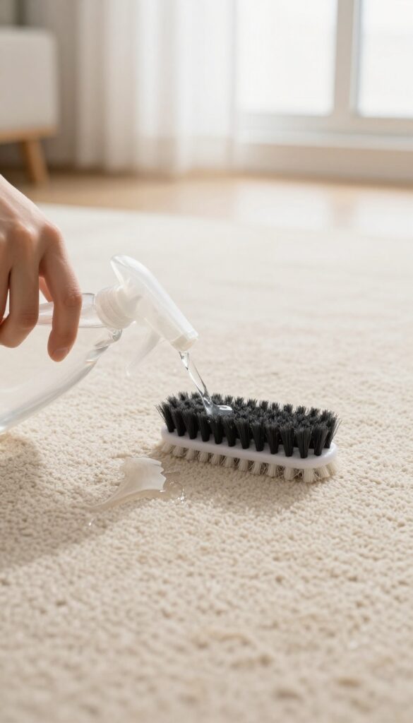 Close-up of a beige carpet being sprayed with homemade vinegar and dish soap solution, with a soft brush nearby, in bright natural light.