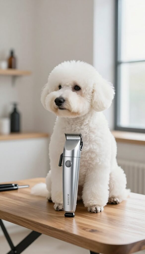 Heiniger Saphir clipper on grooming table with calm show dog