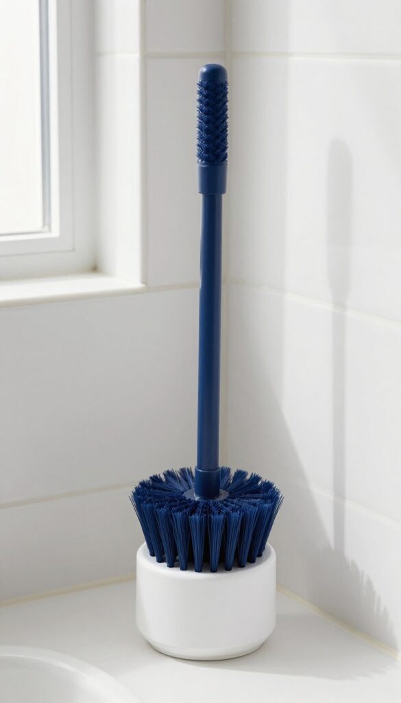 New toilet brush in ventilated holder on clean bathroom floor
