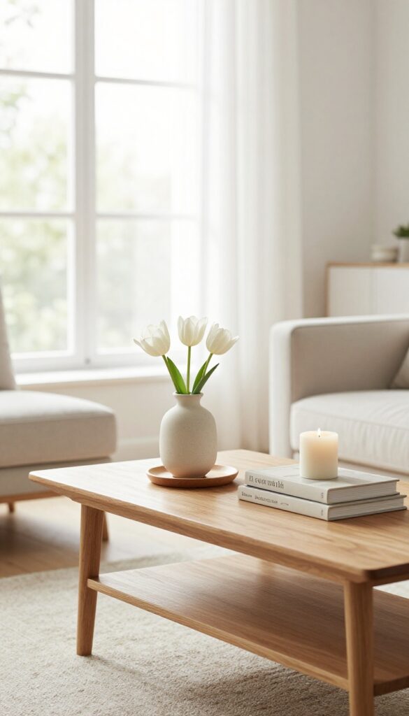 Minimalist coffee table centerpiece with white tulips, candle, and books in bright living room
