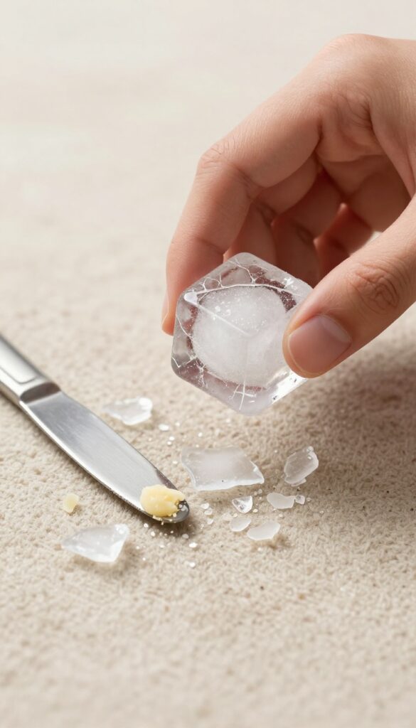 Hand holding ice cube over frozen gum on carpet, with butter knife nearby